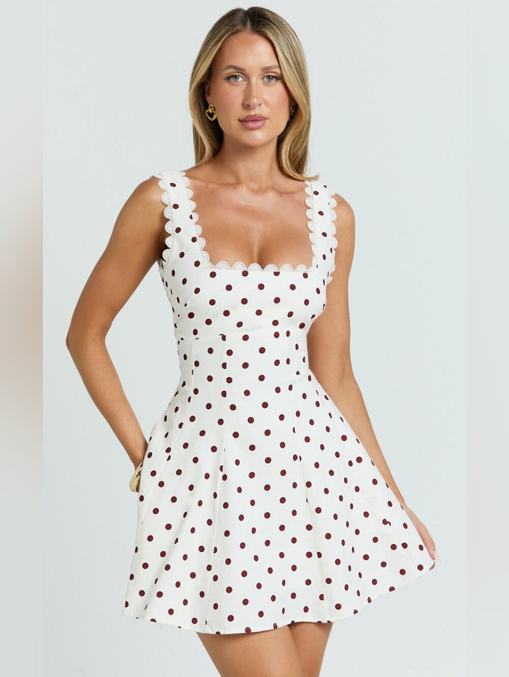 Showpo Tracey Mini Dress Cream/Brown Polka Dot Size XS